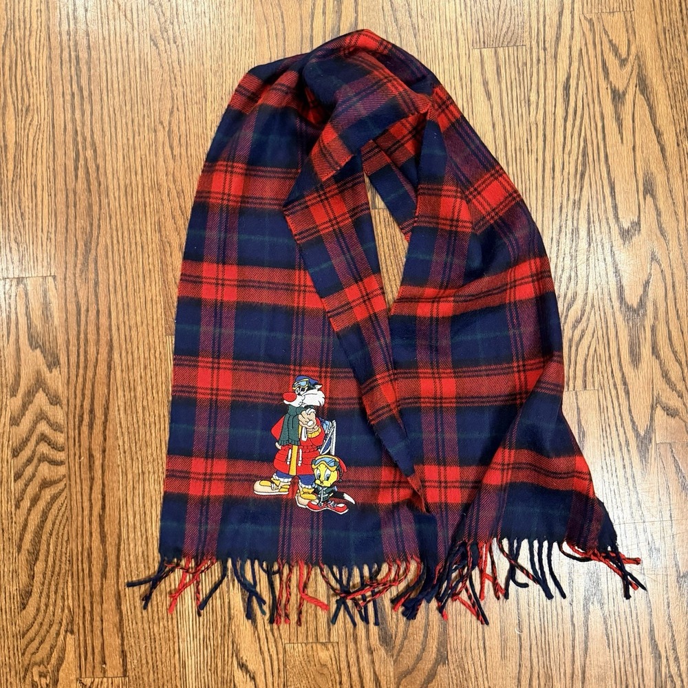 Vintage Acme Clothing Looney Tunes Sylvester Tweety Plaid Scarf OS Red Blue